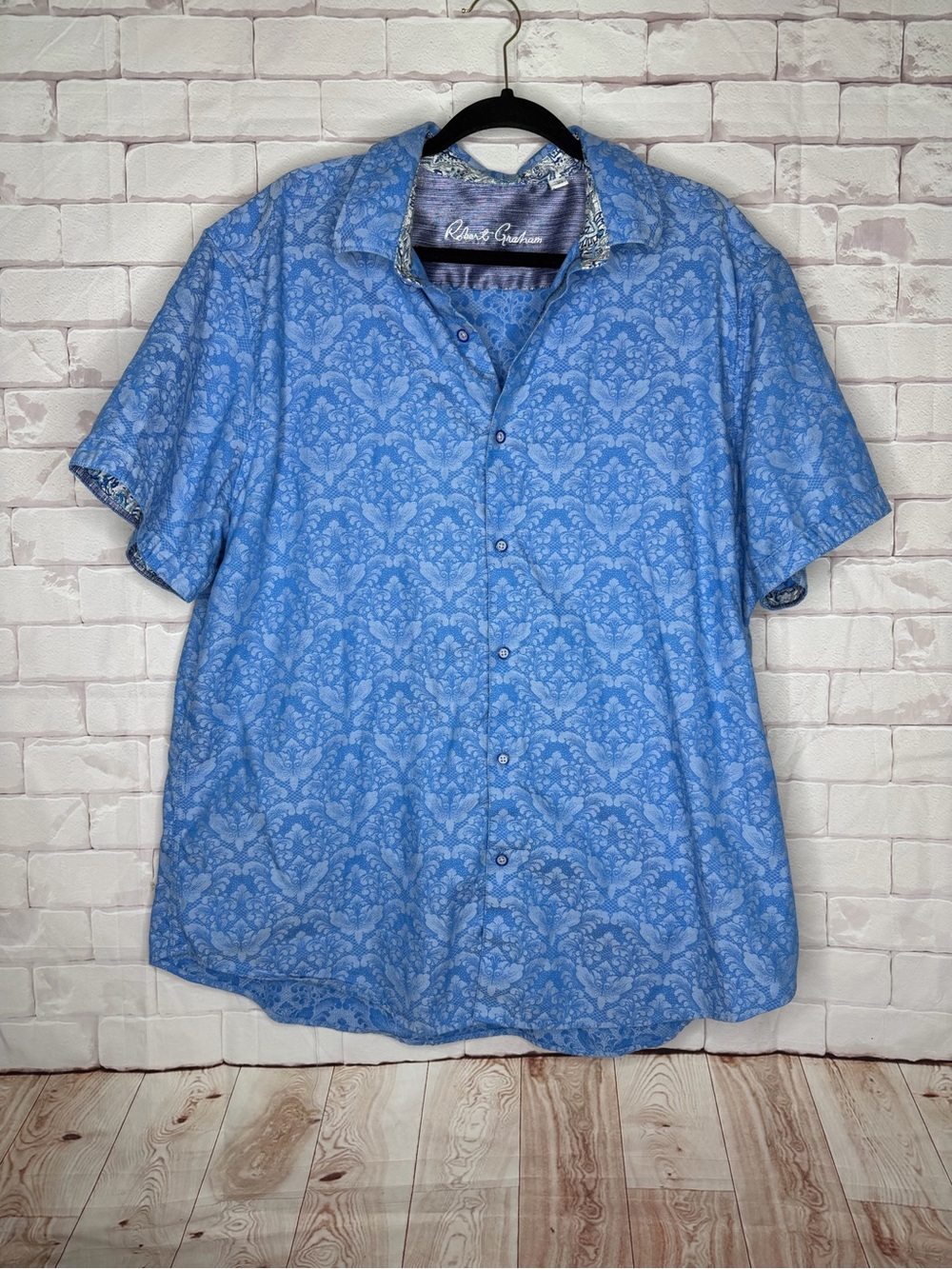 Robert Graham Men’s 3XL Blue Damask Paisley Short Sleeve Button Down Shirt